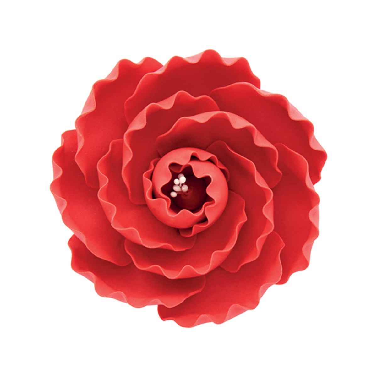 A red gumpaste cake decoration shaped like a briar rose with intricate layers and a central stem design, isolated on a white background.