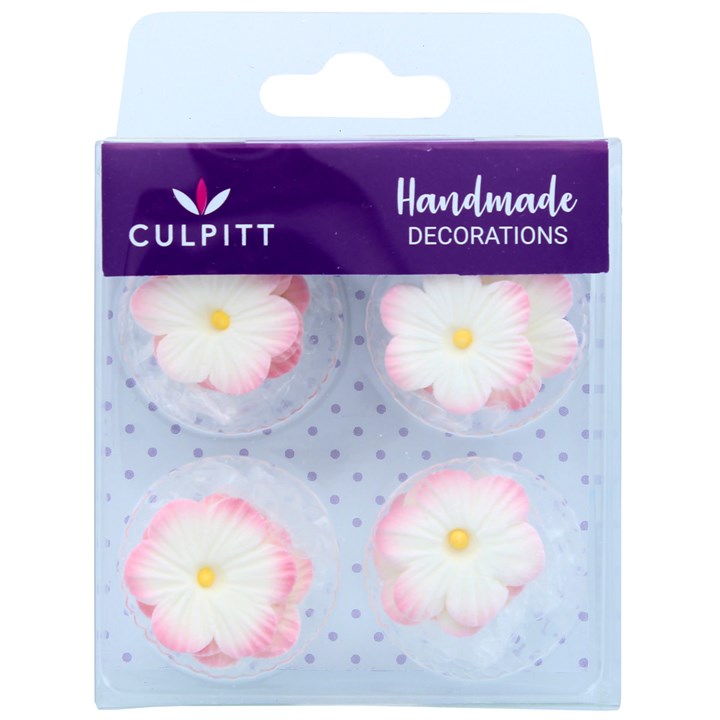 Pink and White Blush Daisies - Edible Decorations Sugar Pipings 12pc - Culpitt