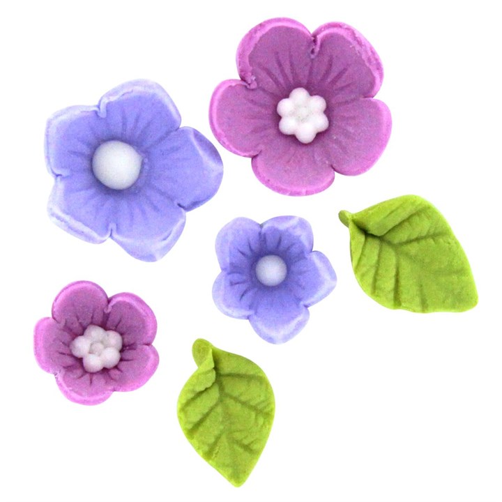 Lilac Purple Flower & Leaves - Edible Decorations Sugar Pipings 16pc - Culpitt