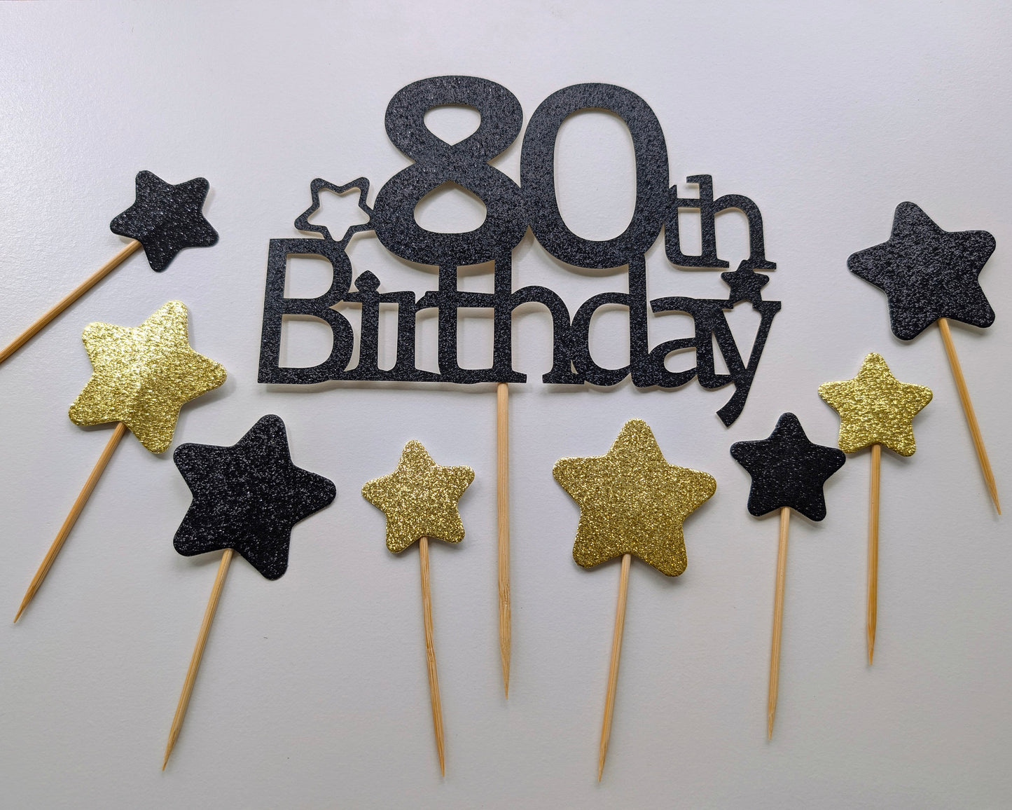Black Glitter 80th Birthday + 8 Stars Card Topper