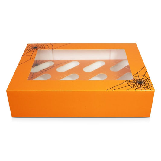 Halloween Orange Spider Web Cupcake Box - 12 Hole