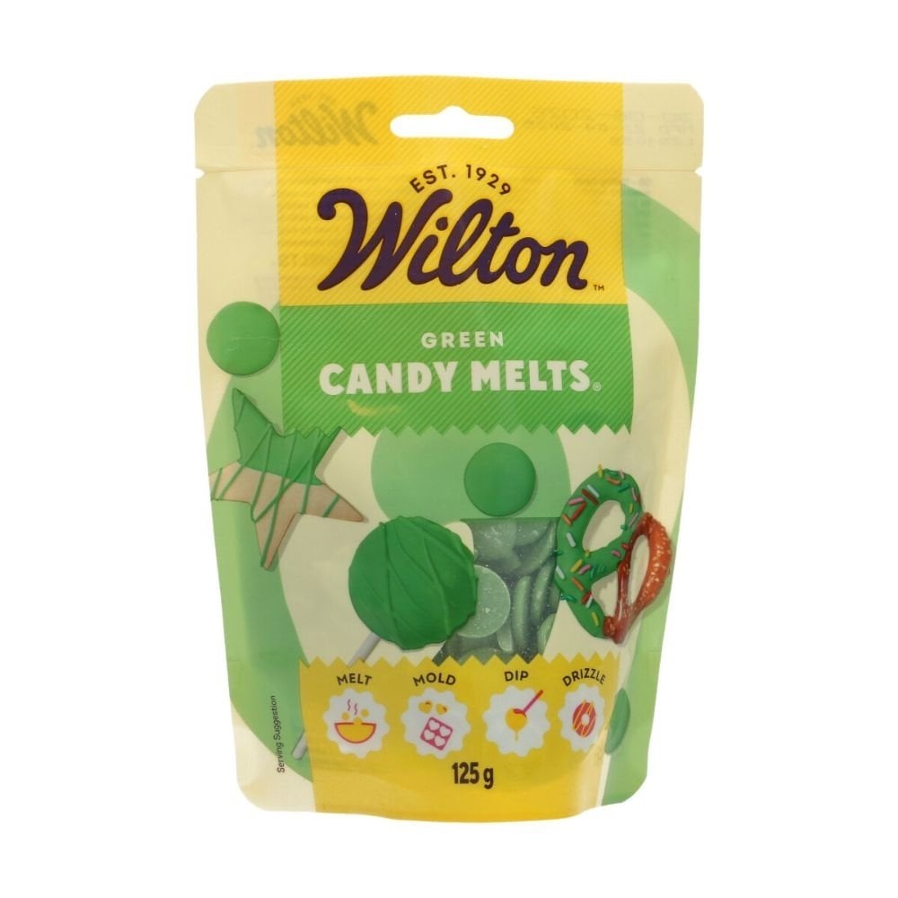 Wilton green candy melts packaging on a white background