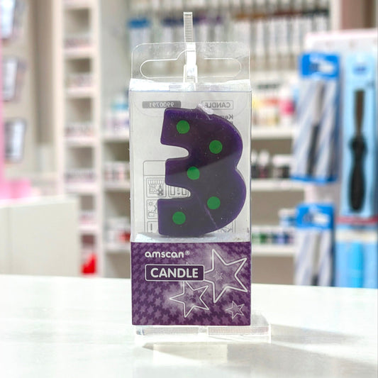 Clearance - Number Three Purple/Green Spotted Candle