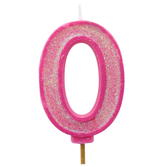 Pink Sparkle Numeral Candle 70mm - Number 0