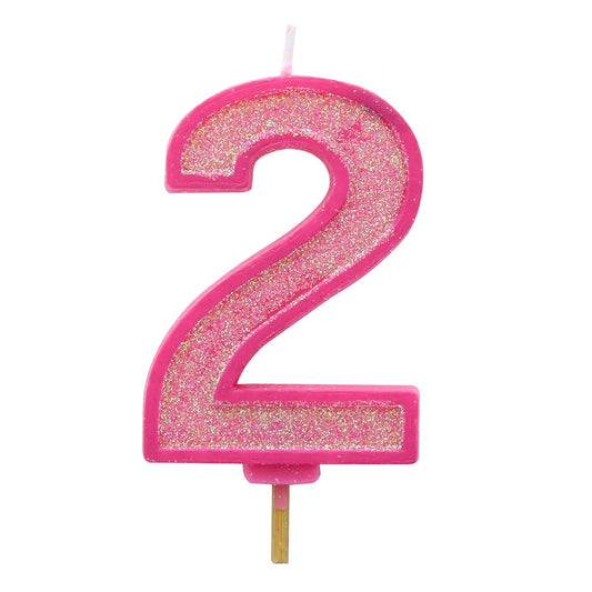 Pink Sparkle Numeral Candle 70mm - Number 2