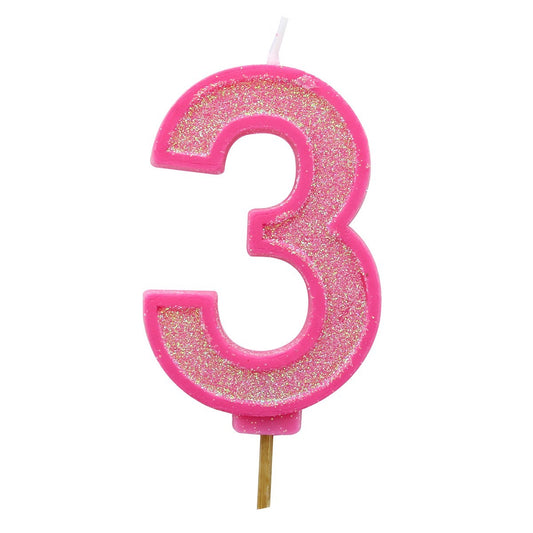 Pink Sparkle Numeral Candle 70mm - Number 3