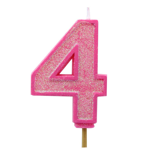 Pink Sparkle Numeral Candle 70mm - Number 4