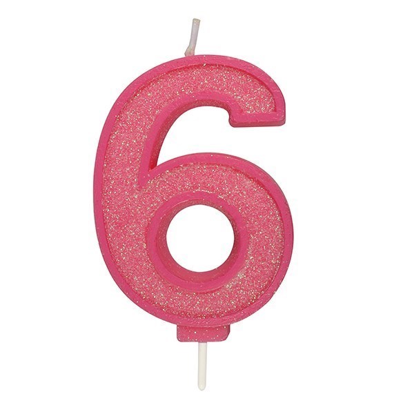 Pink Sparkle Numeral Candle 70mm - Number 6