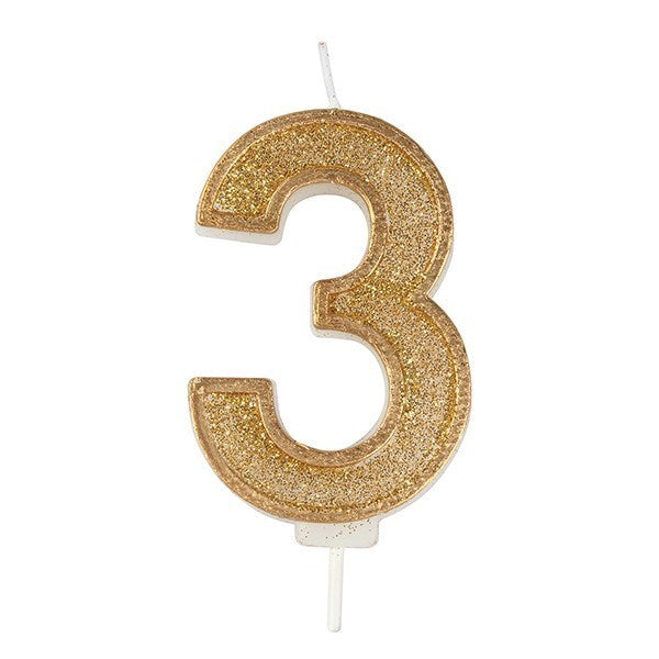 Gold Sparkle Numeral Candle 70mm - Number 3