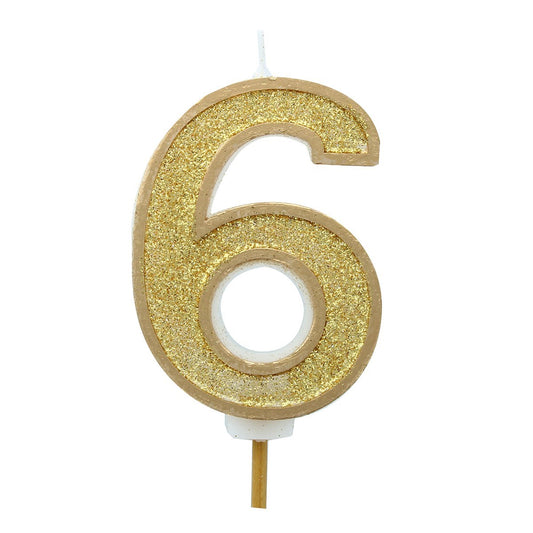 Gold Sparkle Numeral Candle 70mm - Number 6