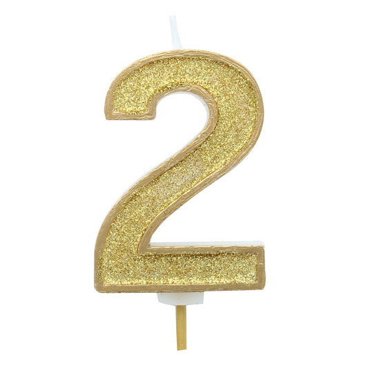 Gold Sparkle Numeral Candle 70mm - Number 2