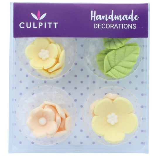 Yellow Flower & Leaves - Edible Decorations Sugar Pipings  16pc - Culpitt