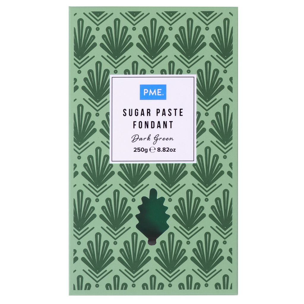 PME sugar paste fondant packaging with green leaf pattern on a white background