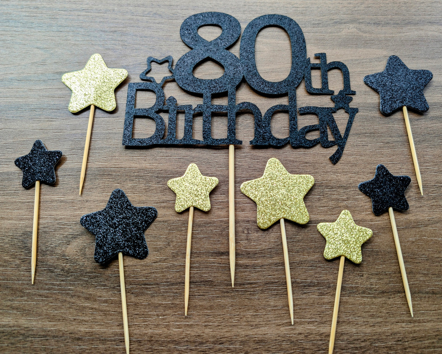 Black Glitter 80th Birthday + 8 Stars Card Topper