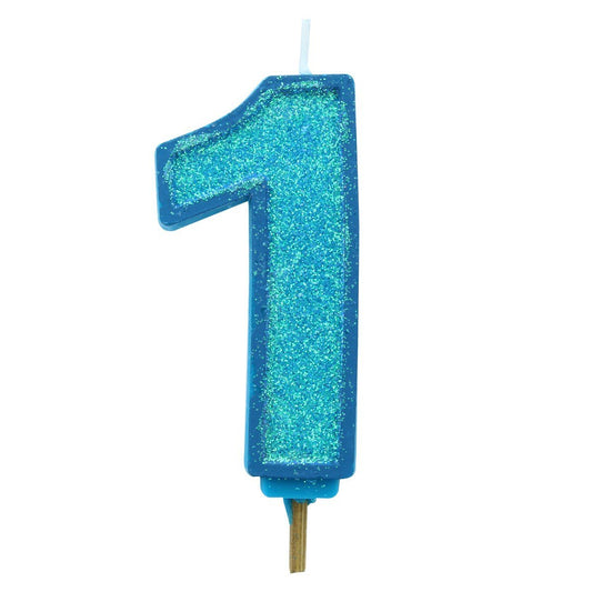 Blue Sparkle Numeral Candle 70mm - Number 1