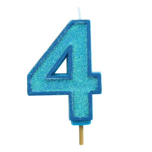 Blue Sparkle Numeral Candle 70mm - Number 4