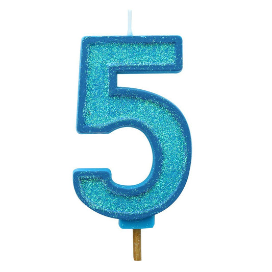 Blue Sparkle Numeral Candle 70mm - Number 5