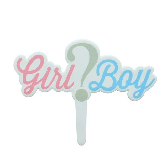 Decorative cake topper with 'Girl?' and 'Boy?' text on a white background