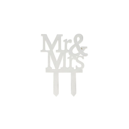 White 'Mr & Mrs' cake topper on a white background