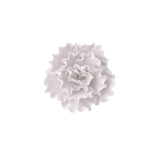 A white gumpaste cake decoration designed to resemble a briar rose flower, 75mm in diameter.