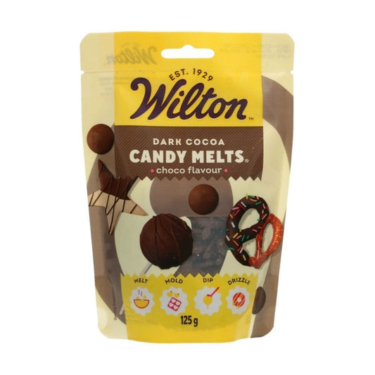 Wilton dark cocoa candy melts packaging on a white background
