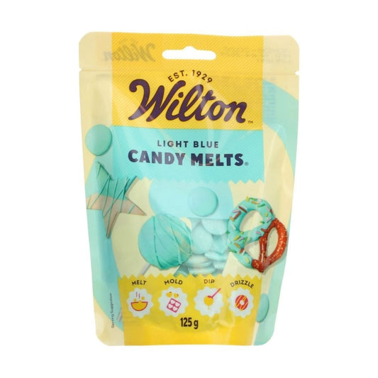 Wilton Light Blue Candy Melts packaging on a white background