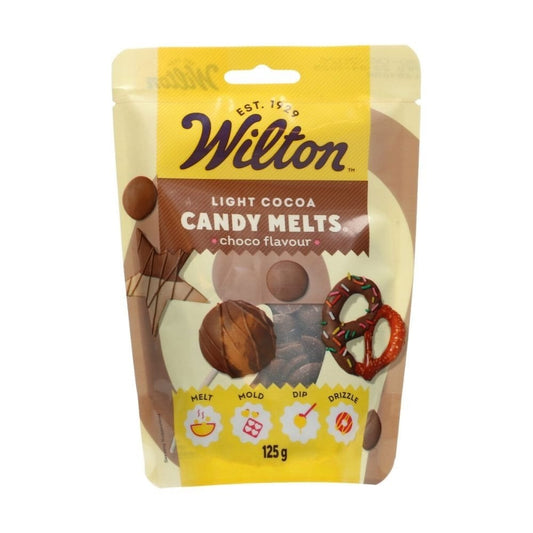Wilton light cocoa candy melts packaging on a white background
