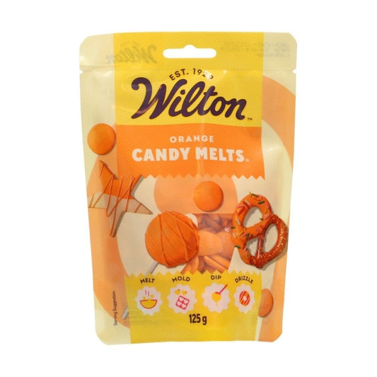 Wilton Orange Candy Melts packaging on a white background