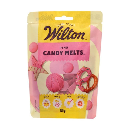 Wilton pink candy melts packaging on a white background