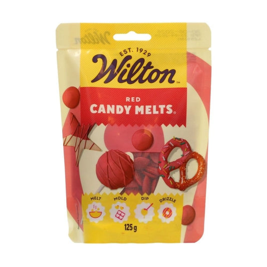 Wilton red candy melts packaging on a white background