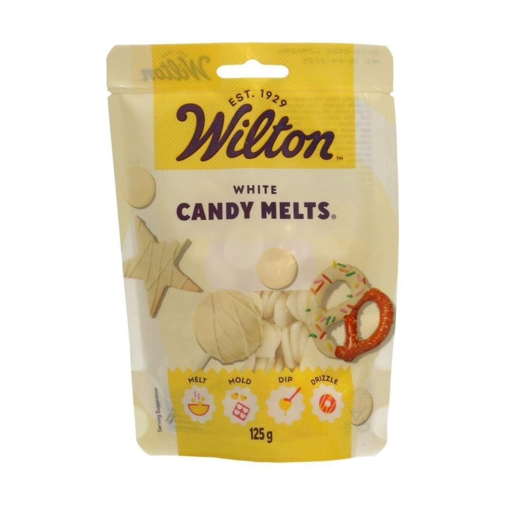 Wilton white candy melts packaging on a white background