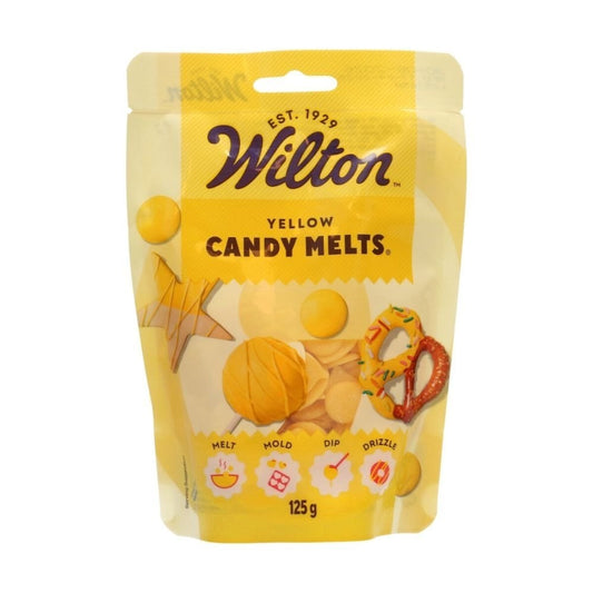 Wilton Yellow Candy Melts packaging on a white background
